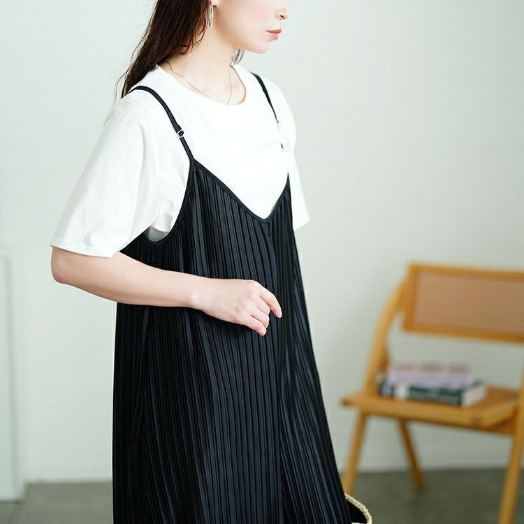 大きいサイズ レディース ランダムプリーツワイドサロペット＆Tシャツ2点セット　plan-481004