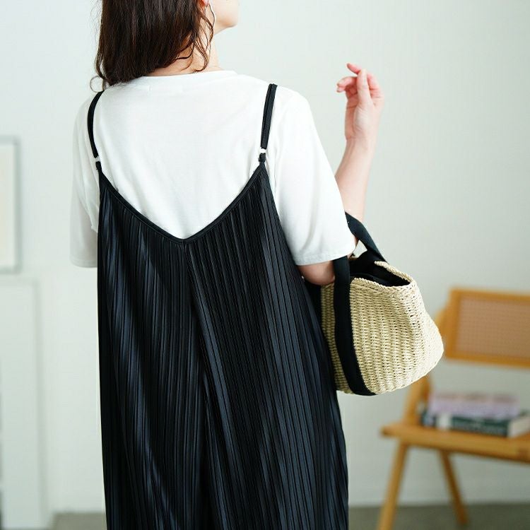 大きいサイズ レディース ランダムプリーツワイドサロペット＆Tシャツ2点セット　plan-481004