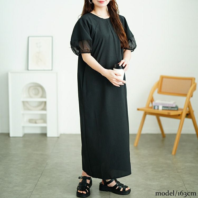 大きいサイズ レディース シアー切り替えパフスリーブ麻調ワンピース　plan-381008 【メール便可】