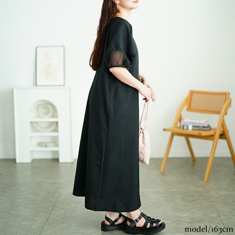 大きいサイズ レディース シアー切り替えパフスリーブ麻調ワンピース　plan-381008 【メール便可】