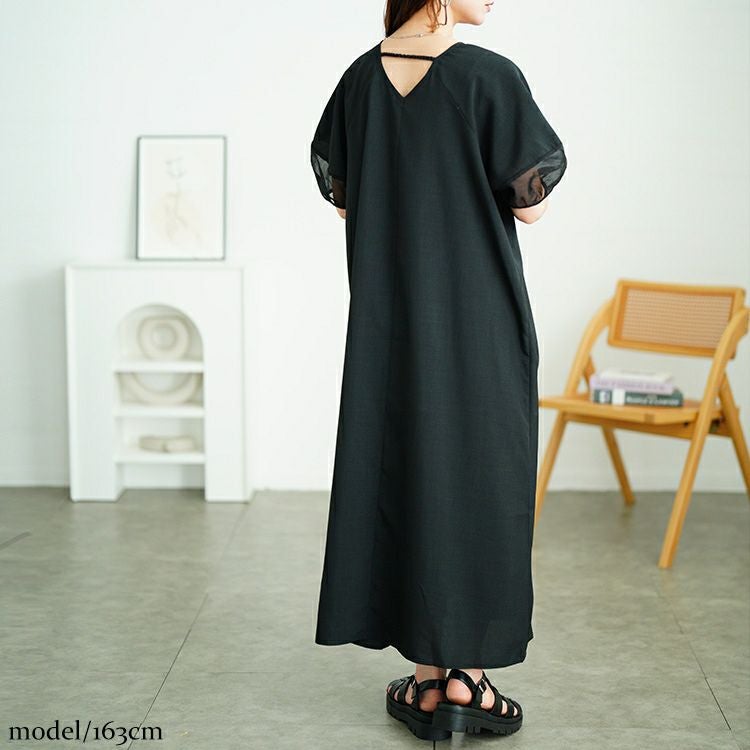 大きいサイズ レディース シアー切り替えパフスリーブ麻調ワンピース　plan-381008 【メール便可】