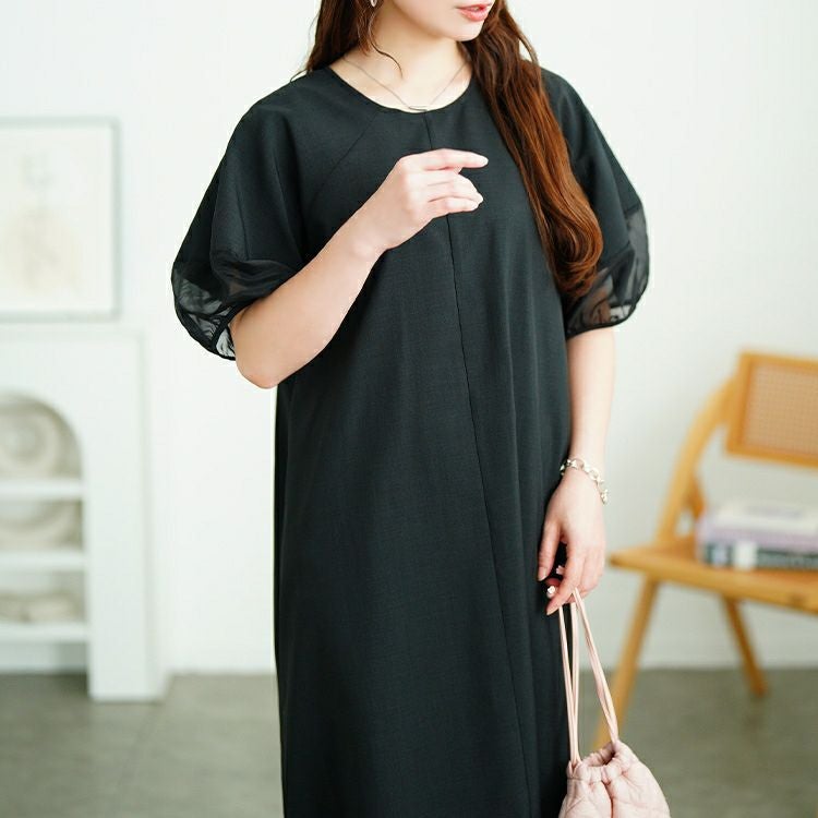 大きいサイズ レディース シアー切り替えパフスリーブ麻調ワンピース　plan-381008 【メール便可】