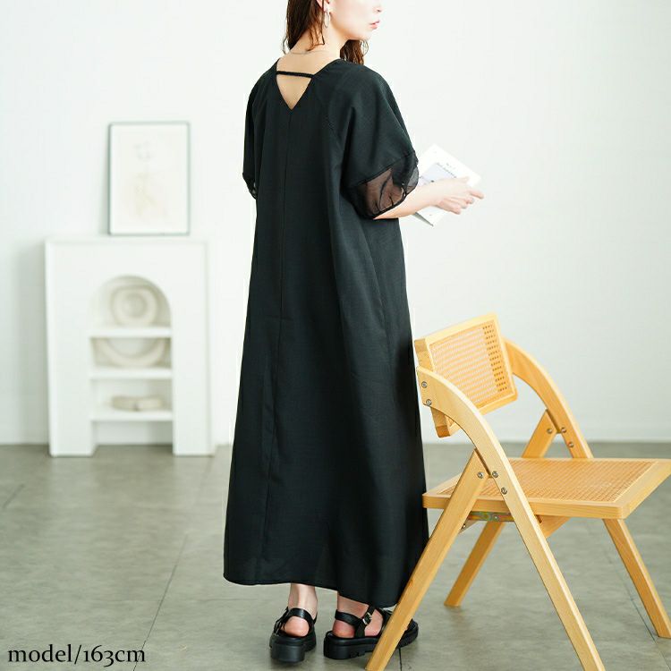 大きいサイズ レディース シアー切り替えパフスリーブ麻調ワンピース　plan-381008 【メール便可】