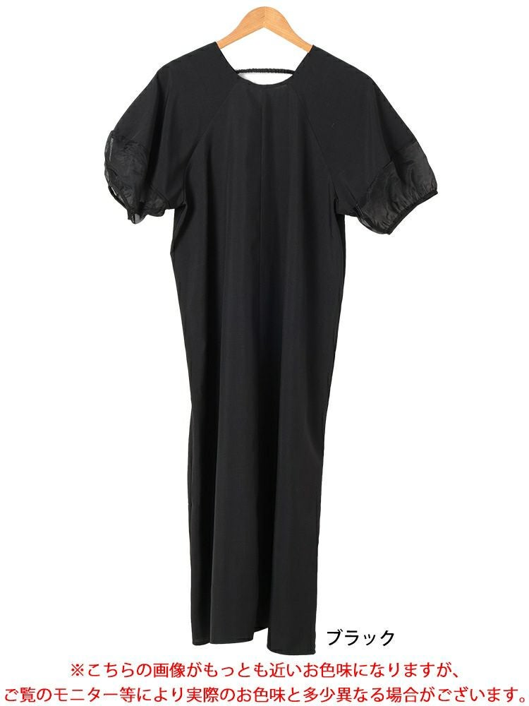 大きいサイズ レディース シアー切り替えパフスリーブ麻調ワンピース　plan-381008 【メール便可】