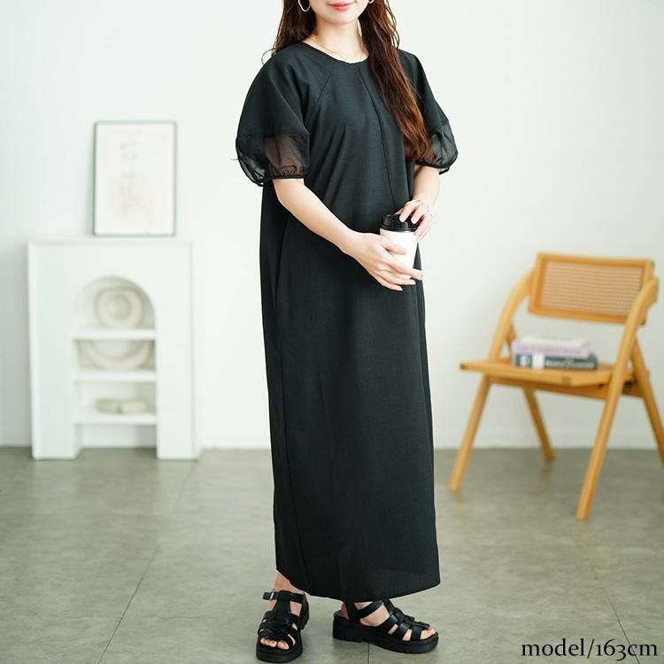 大きいサイズ レディース シアー切り替えパフスリーブ麻調ワンピース　plan-381008 【メール便可】 ブラック