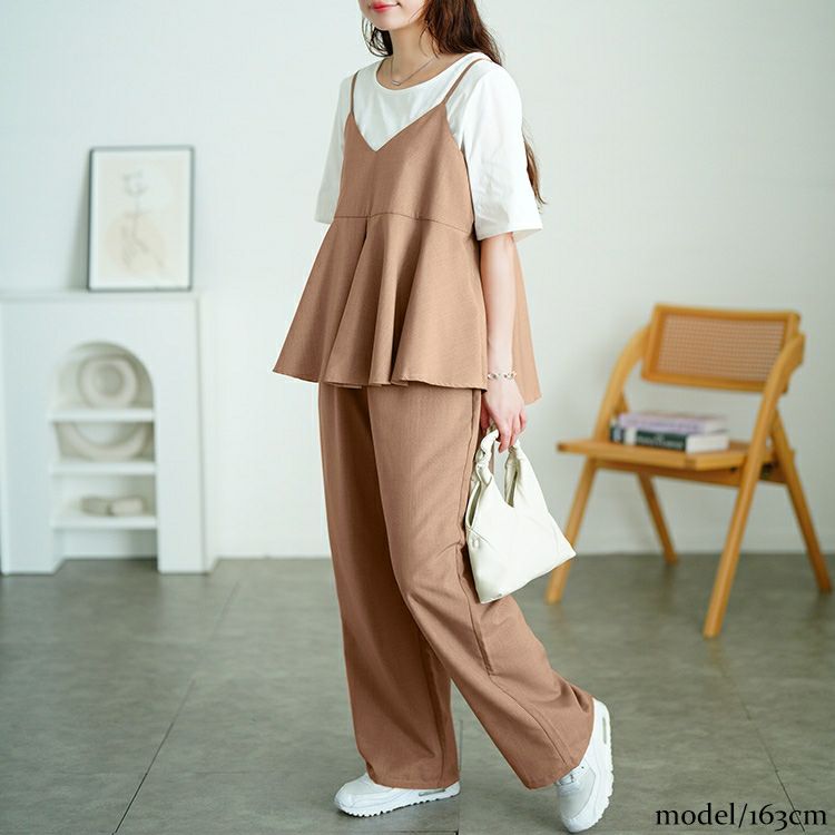大きいサイズ レディース 麻調ペプラムキャミソール＆ワイドパンツ2点セット　plan-381010