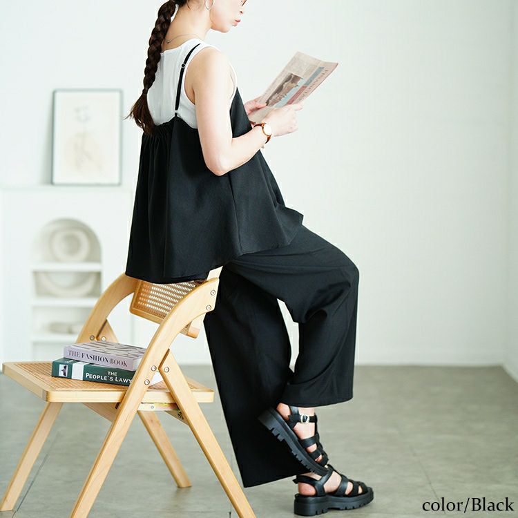 大きいサイズ レディース 麻調ペプラムキャミソール＆ワイドパンツ2点セット　plan-381010