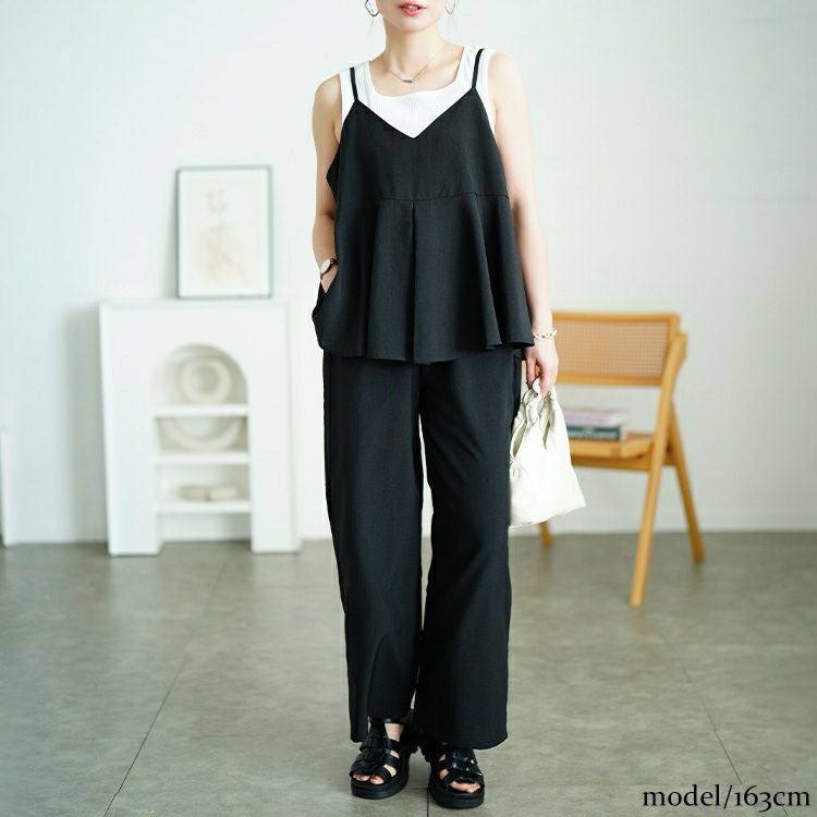 大きいサイズ レディース 麻調ペプラムキャミソール＆ワイドパンツ2点セット　plan-381010