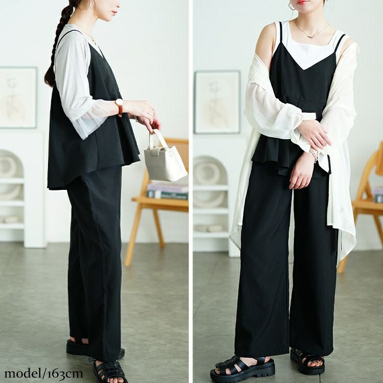 大きいサイズ レディース 麻調ペプラムキャミソール＆ワイドパンツ2点セット　plan-381010