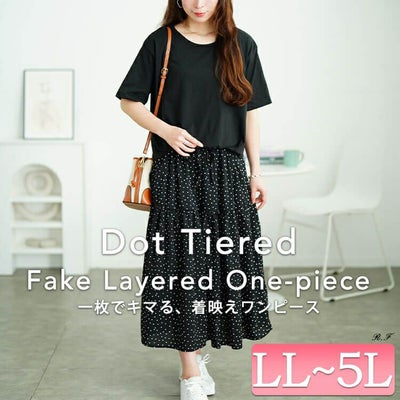 大きいサイズ レディース ドット柄ドッキングティアードワンピース　plan-281097