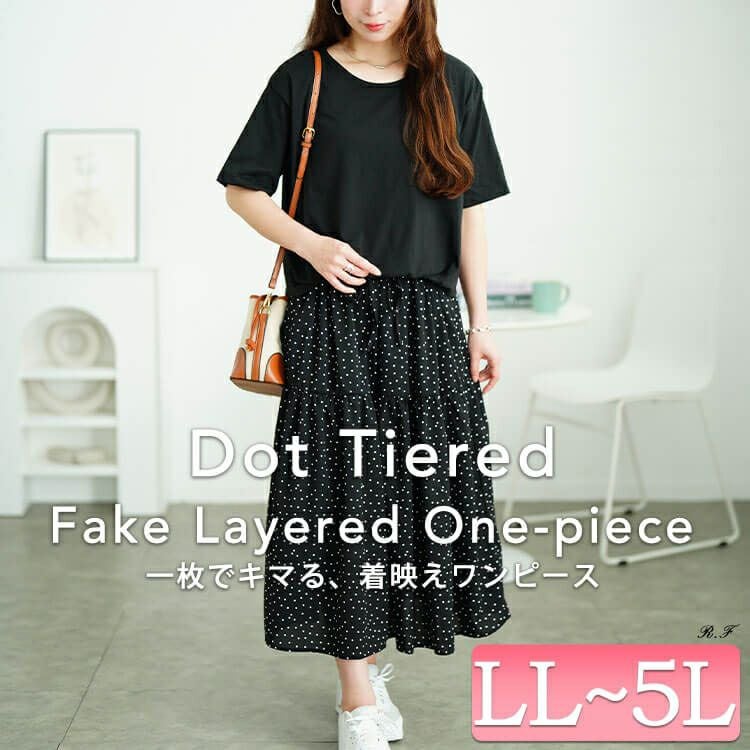 大きいサイズ レディース ドット柄ドッキングティアードワンピース　plan-281097