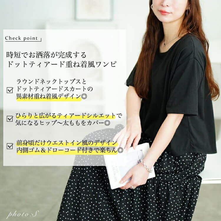 大きいサイズ レディース ドット柄ドッキングティアードワンピース　plan-281097