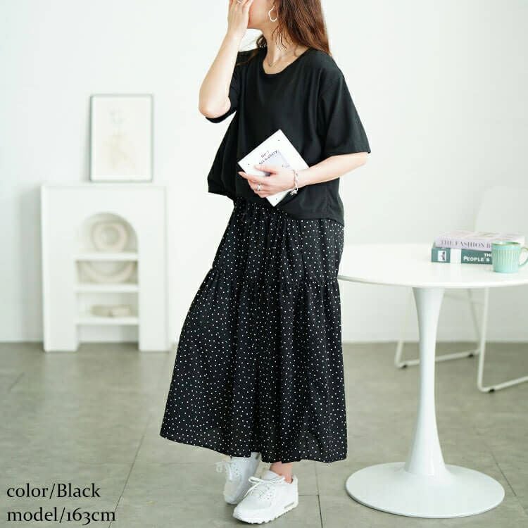 大きいサイズ レディース ドット柄ドッキングティアードワンピース　plan-281097