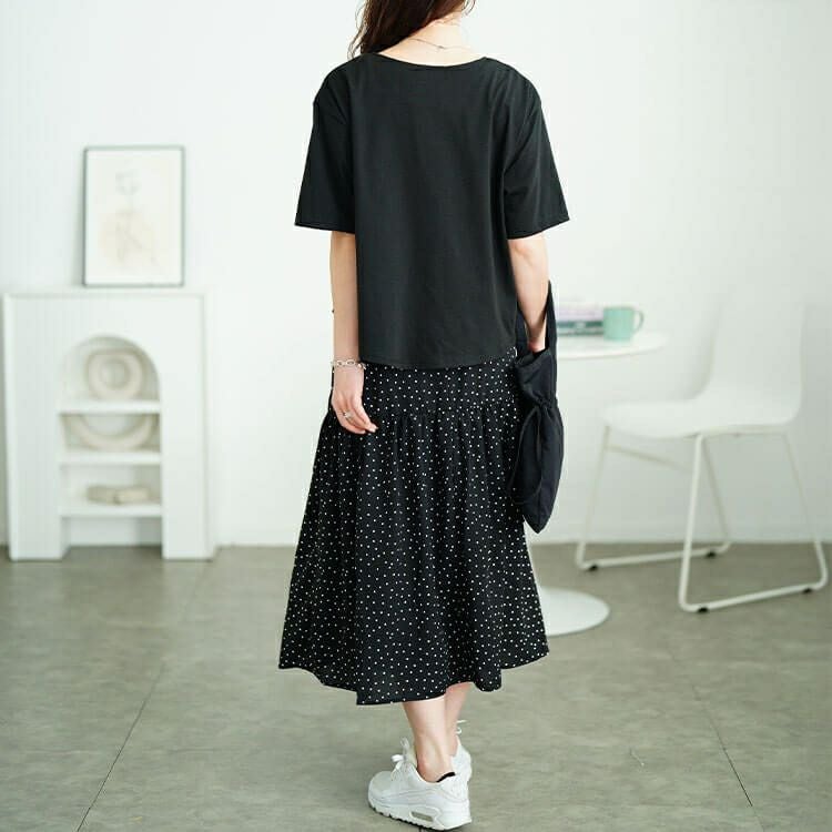 大きいサイズ レディース ドット柄ドッキングティアードワンピース　plan-281097