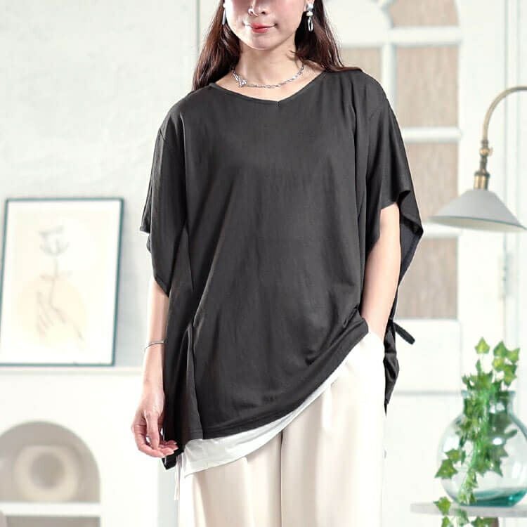 大きいサイズ レディース 接触冷感サイドリボン重ね着風チュニック　plan-281068 【メール便可】
