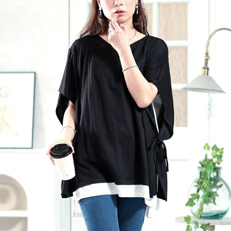 大きいサイズ レディース 接触冷感サイドリボン重ね着風チュニック　plan-281068 【メール便可】