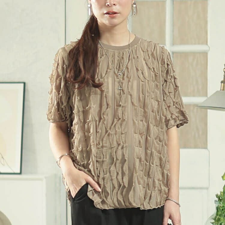 大きいサイズ レディース フリルジャガードプルオーバー　plan-281117 【メール便可】