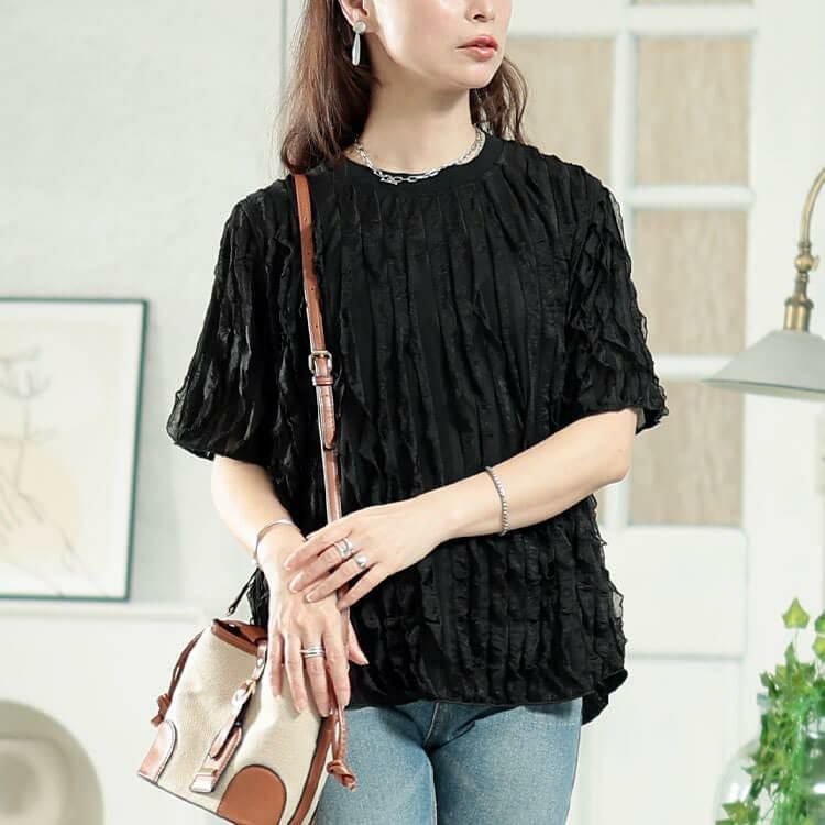 大きいサイズ レディース フリルジャガードプルオーバー　plan-281117 【メール便可】 ブラック