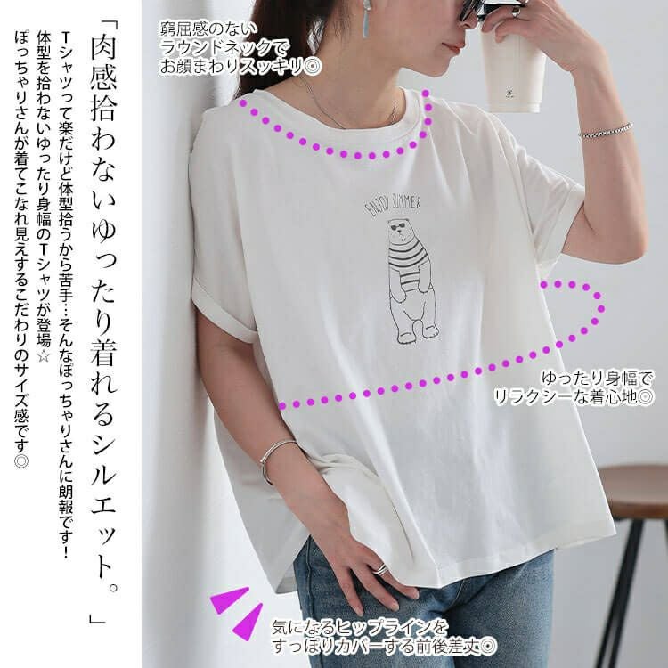 大きいサイズ レディース 接触冷感白くまプリントコットンTシャツ　plan-281524 【メール便可】