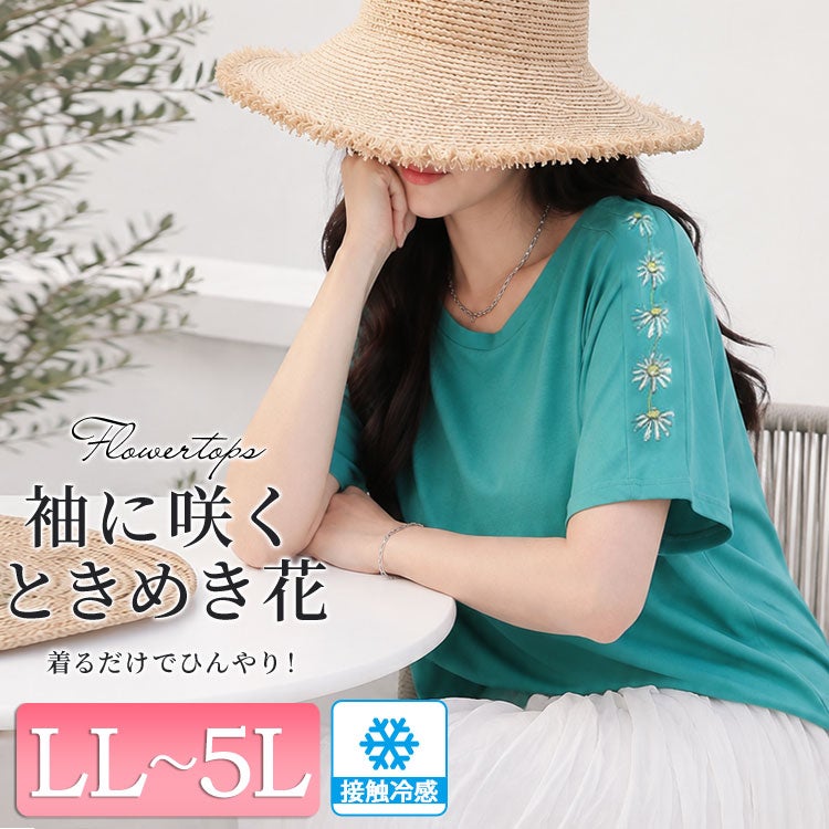 大きいサイズ レディース 接触冷感花柄スリーブコットンTシャツ　plan-281509 【メール便可】