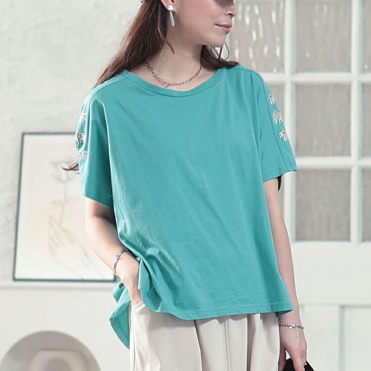 大きいサイズ レディース 接触冷感花柄スリーブコットンTシャツ　plan-281509 【メール便可】