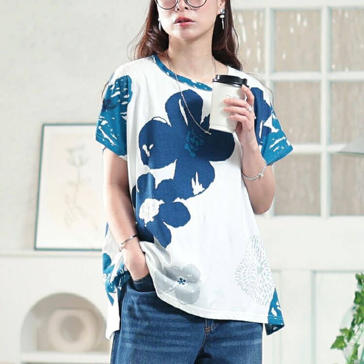 大きいサイズ レディース 接触冷感大花柄コットンTシャツ　plan-281513 【メール便可】