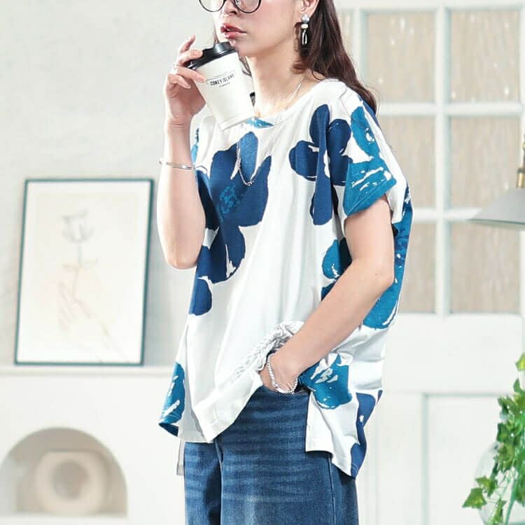 大きいサイズ レディース 接触冷感大花柄コットンTシャツ　plan-281513 【メール便可】