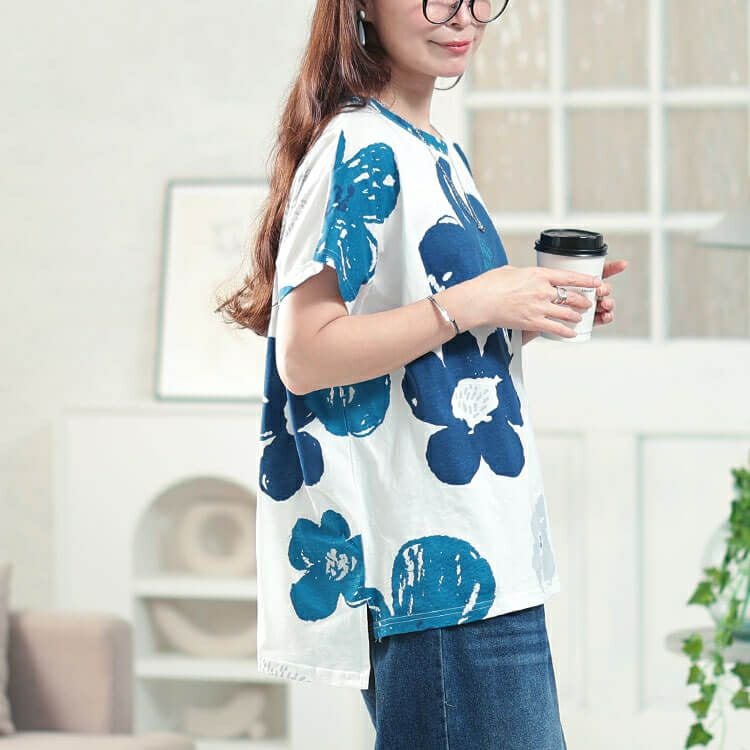 大きいサイズ レディース 接触冷感大花柄コットンTシャツ　plan-281513 【メール便可】