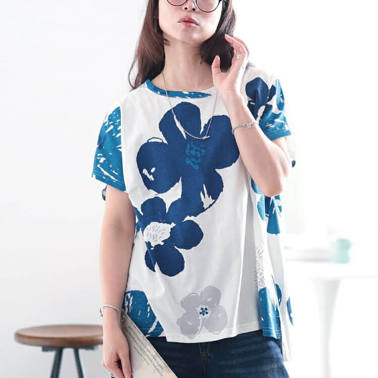 大きいサイズ レディース 接触冷感大花柄コットンTシャツ　plan-281513 【メール便可】