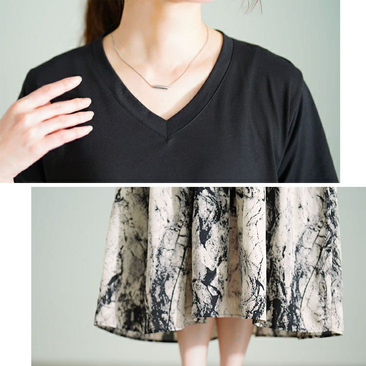 大きいサイズ レディース 異素材切替えVネックワンピース　goldy-1689【メール便可】