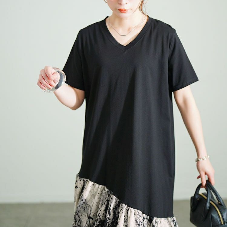 大きいサイズ レディース 異素材切替えVネックワンピース　goldy-1689【メール便可】