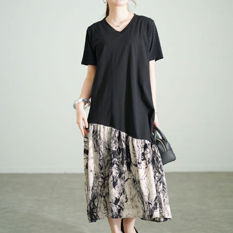 大きいサイズ レディース 異素材切替えVネックワンピース　goldy-1689【メール便可】