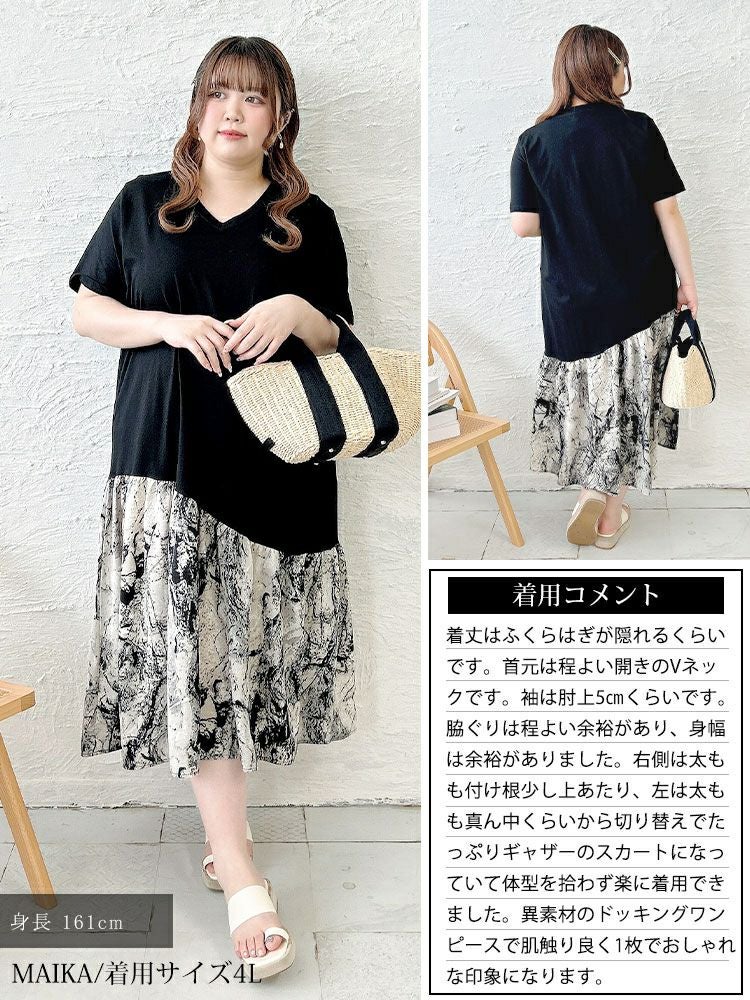 大きいサイズ レディース 異素材切替えVネックワンピース　goldy-1689【メール便可】