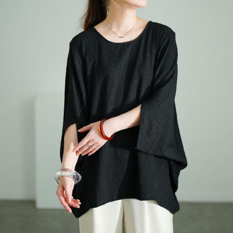 大きいサイズ レディース モモンガ風ジャガードドルマンカットソー　mncut-152333【メール便可】 ブラック