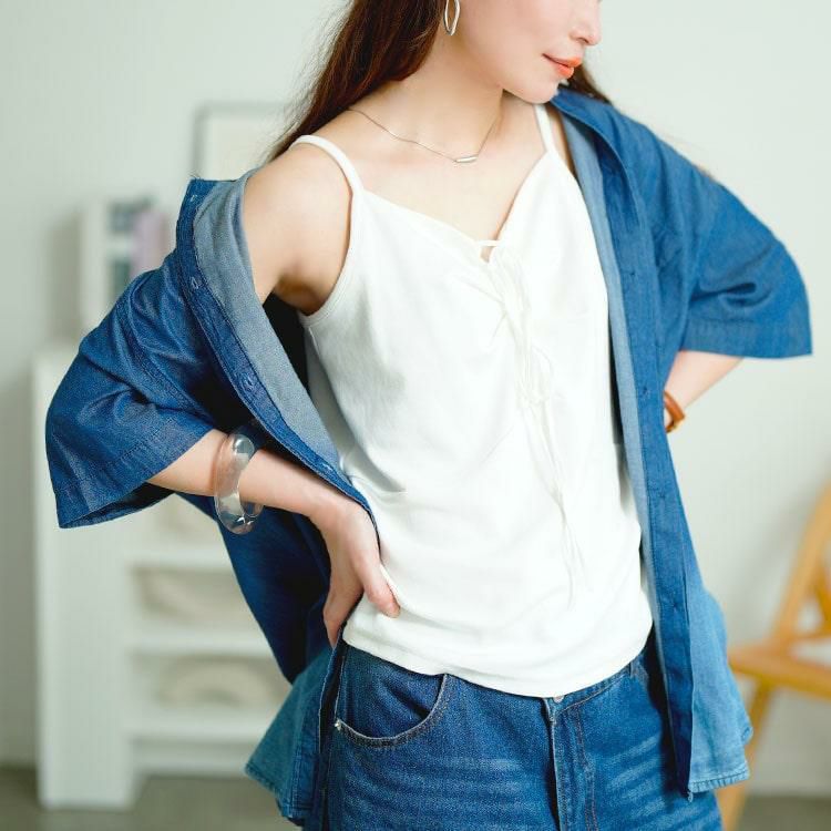 大きいサイズ レディース リボン紐キーネックキャミソール　goldy-1678【メール便可】 ホワイト