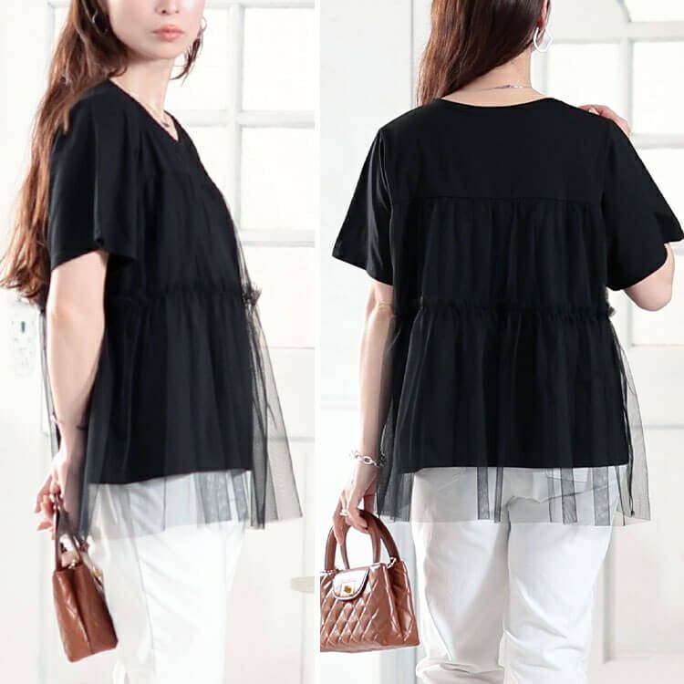 大きいサイズ レディース ティアードチュールレイヤードTシャツ　fem-585【メール便可】