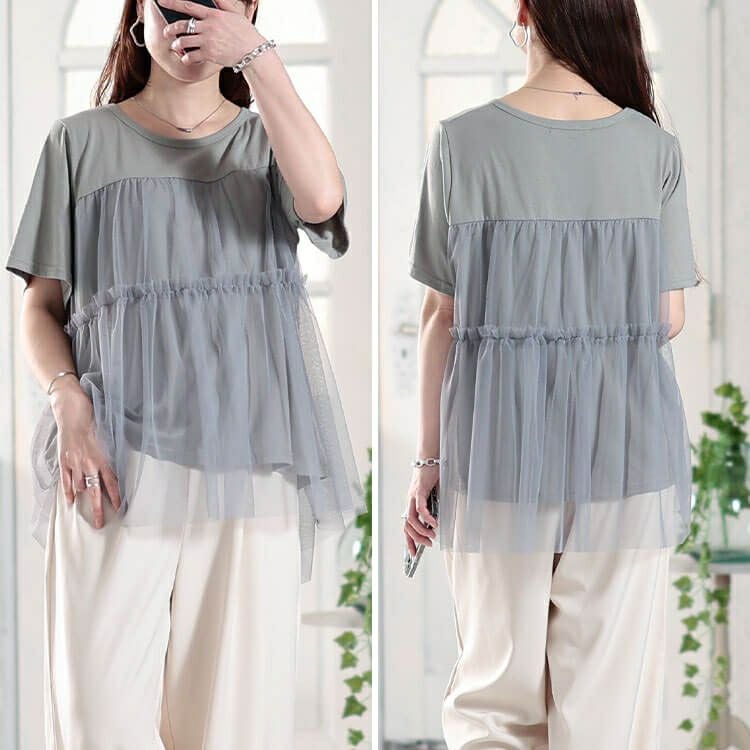 大きいサイズ レディース ティアードチュールレイヤードTシャツ　fem-585【メール便可】