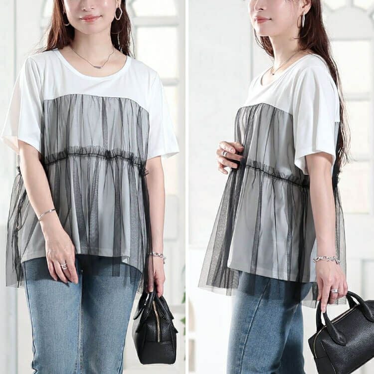 大きいサイズ レディース ティアードチュールレイヤードTシャツ　fem-585【メール便可】