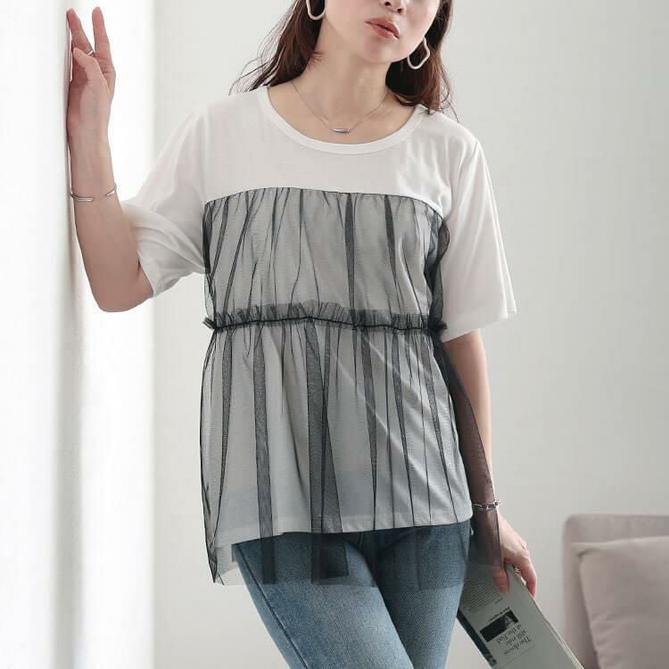 大きいサイズ レディース ティアードチュールレイヤードTシャツ　fem-585【メール便可】 オフホワイト