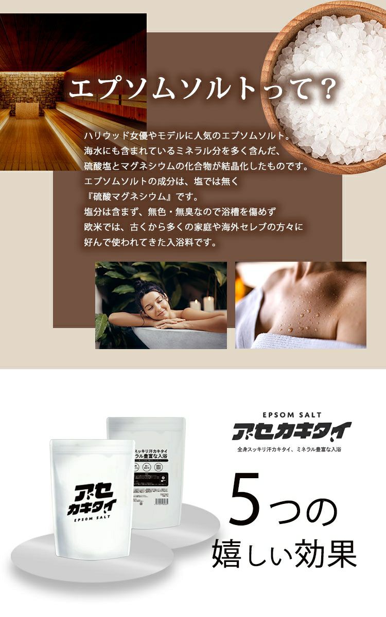 大きいサイズ レディース 1回約150円で美肌泉質の極上温泉！エプソムバスソルト【アセカキタイ】　map-43