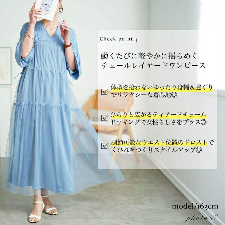 大きいサイズ レディース チュールドッキングドロストワンピース　sum-0009