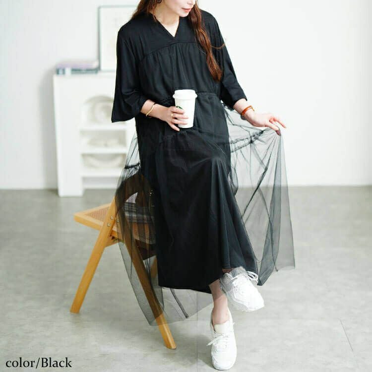 大きいサイズ レディース チュールドッキングドロストワンピース　sum-0009