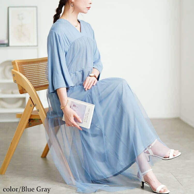 大きいサイズ レディース チュールドッキングドロストワンピース　sum-0009