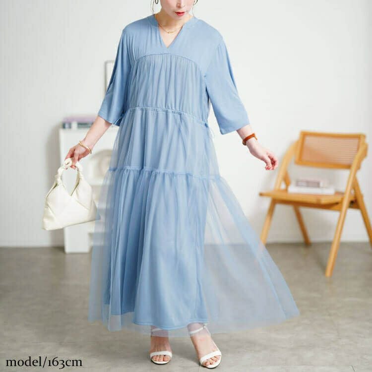 大きいサイズ レディース チュールドッキングドロストワンピース　sum-0009