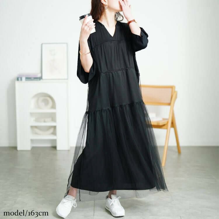 大きいサイズ レディース チュールドッキングドロストワンピース　sum-0009 ブラック