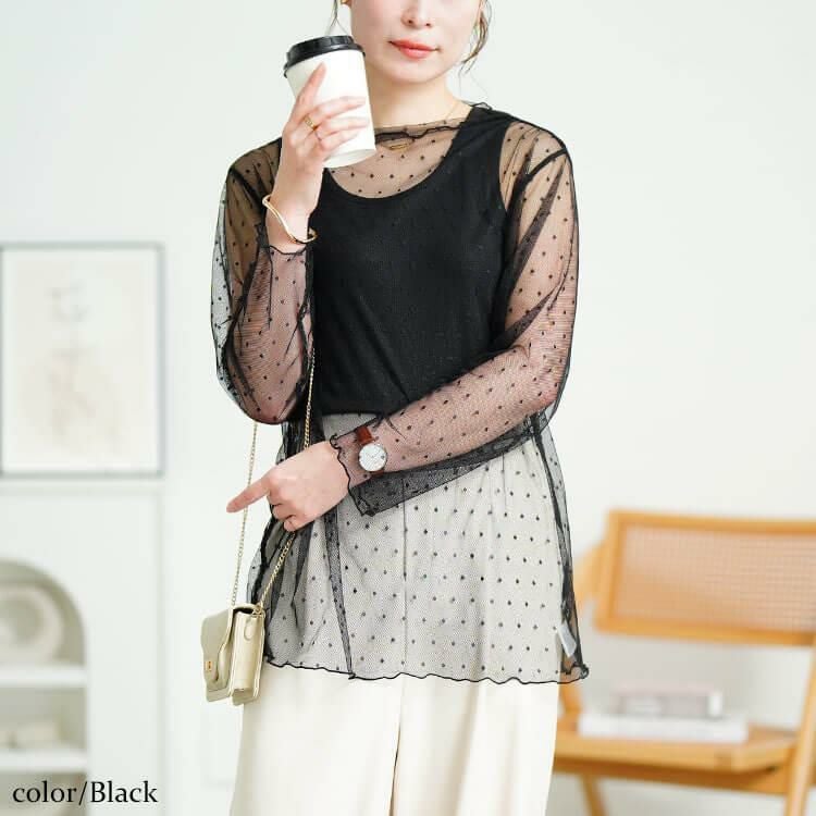 大きいサイズ レディース シアードットメロートップス　sum-0007【メール便可】 ブラック