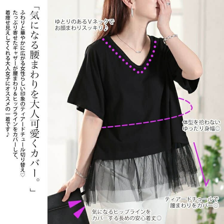 大きいサイズ レディース 裾ティアードチュール切り替えTシャツ　fem-588【メール便可】
