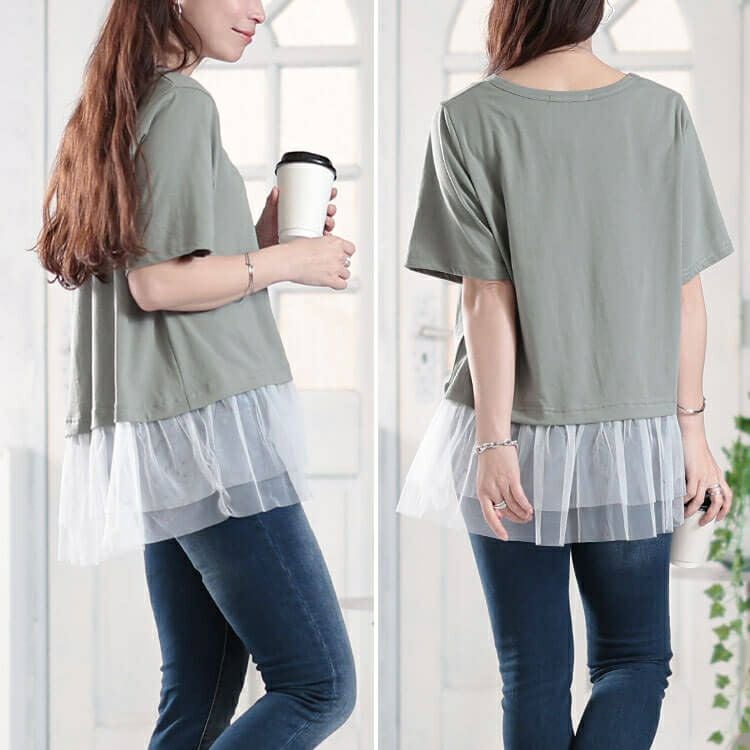 大きいサイズ レディース 裾ティアードチュール切り替えTシャツ　fem-588【メール便可】