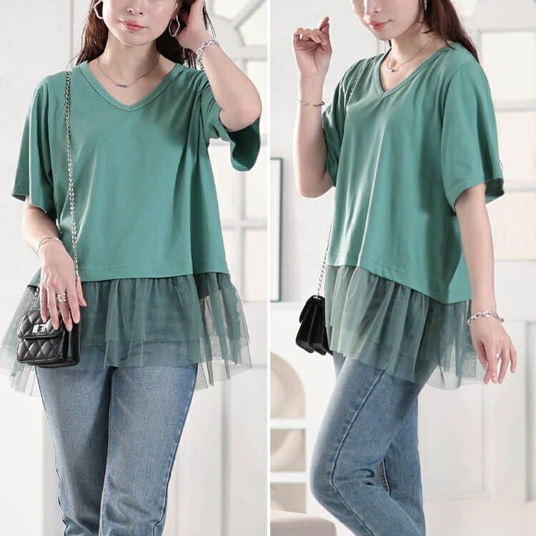 大きいサイズ レディース 裾ティアードチュール切り替えTシャツ　fem-588【メール便可】
