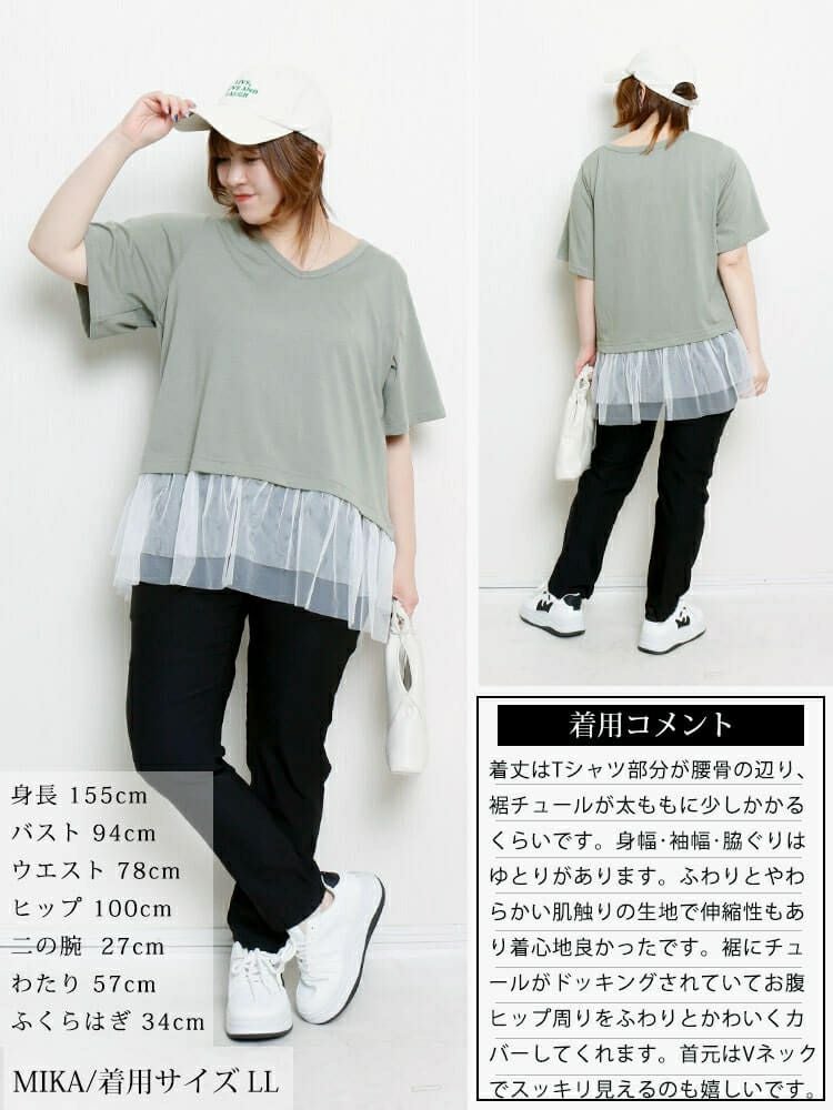 大きいサイズ レディース 裾ティアードチュール切り替えTシャツ　fem-588【メール便可】